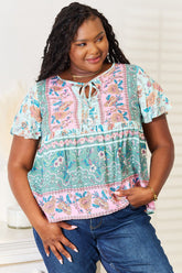 Chic Floral Tie-Neck Short Sleeve Blouse for Women - Versatile & Feminine